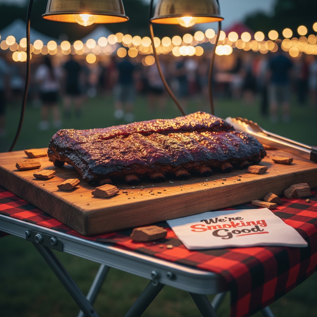 A wooden cutting board sits atop a red plaid tablecloth-covered folding table under uncovered lights. The cutting board di...